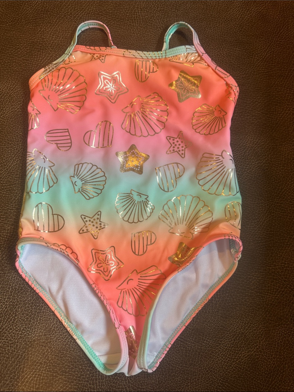 btween Coral Pink to Aqua Gradient One-Piece Swimsuit with Gold Shell Accents